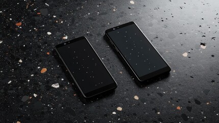 Poster - Two floating smartphones displayed above a terrazzo surface in a modern mockup, with a dark background and subtle reflections, for a stylish tech presentation