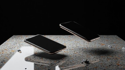 Poster - Two floating smartphones displayed above a terrazzo surface in a modern mockup, with a dark background and subtle reflections, for a stylish tech presentation