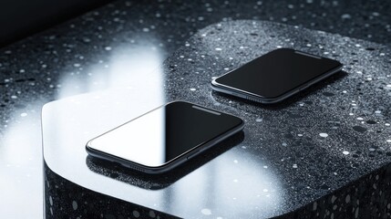 Poster - Two floating smartphones displayed above a terrazzo surface in a modern mockup, with a dark background and subtle reflections, for a stylish tech presentation