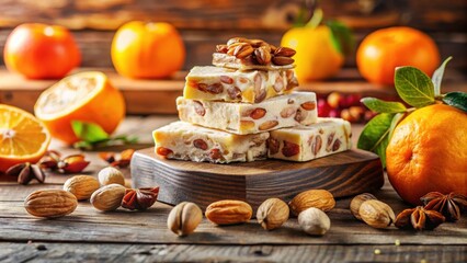 Poster - Delicious Almond and Nut Torrone with Citrus Fruits on Rustic Wooden Table