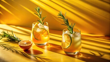 Poster - Refreshing citrus cocktails garnished with rosemary sprigs, bathed in sunlight on a vibrant yellow surface
