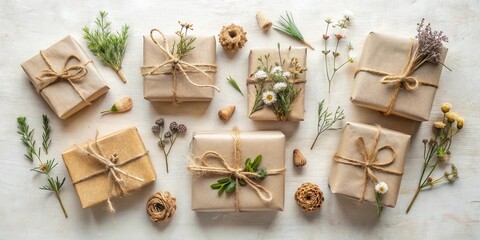 Poster - Eco-Friendly Gift Packaging with Natural Decorations A Flat Lay of Rustic Brown Paper Presents Adorned with Dried Flowers and Twigs