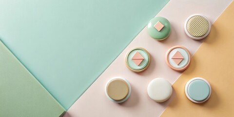 Fototapete - Pastel-colored round objects arranged on a tri-color surface for a minimalist design aesthetic