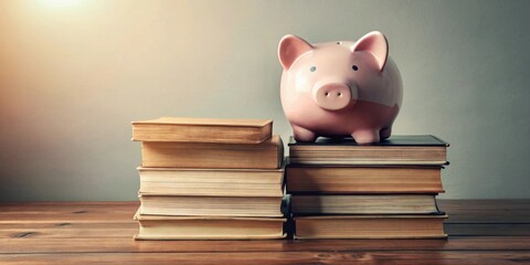 Aufkleber - A piggy bank rests atop a stack of vintage books, symbolizing the cost of education and the importance of saving for tuition and learning