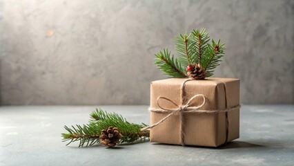Poster - A rustic, eco-friendly gift wrapped in kraft paper, adorned with pine sprigs and pinecones, sits on a neutral background.