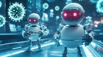 Fototapete - Robots neutralizing viruses in a high tech laboratory environment during advanced biomedical research. Generative AI