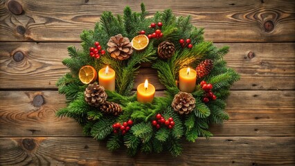 Aufkleber - Luminous Advent Wreath with Burning Candles, Pine Cones, and Festive Berries on Rustic Wooden Surface