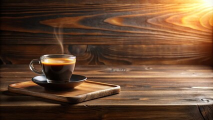 Poster - Aromatic Coffee in Glass Cup on Wooden Tray