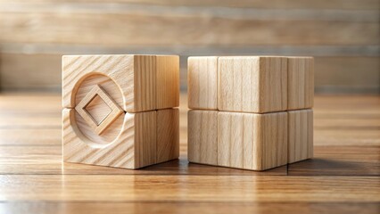 Poster - Wooden block puzzle geometric shapes and interlocking design on a light wood surface