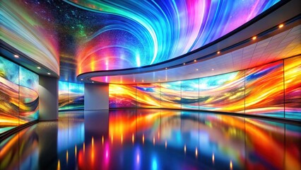 Aufkleber - Immersive digital art installation with vibrant, swirling nebula patterns on ceiling and walls reflecting in polished floor
