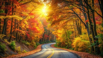 Aufkleber - Autumnal Road Winding Through Vibrant Forest Canopy with Sunlit Path