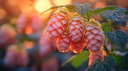 Wall Mural - hops on vine at sunrise with warm sunlight bokeh.