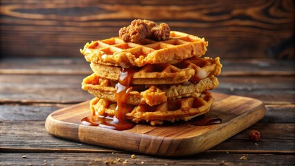 Poster - A stack of golden waffles drizzled with caramel sauce and topped with crunchy bits on a rustic wooden board