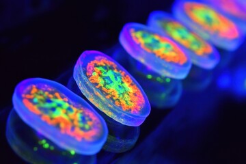 Leinwandbilder - Glowing bacteria create vibrant colors under ultraviolet light in a laboratory setting. Generative AI