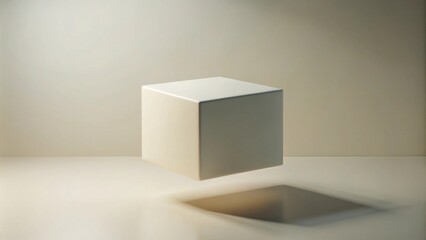 Poster - A simple, off-white cube hovers above a minimalist surface, casting a soft shadow in a subtly lit room.