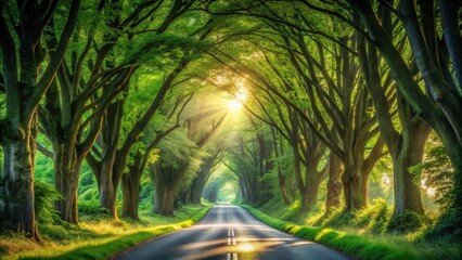 Poster - Sunlit Road Through Lush Green Tree Tunnel, A Serene and Peaceful Pathway