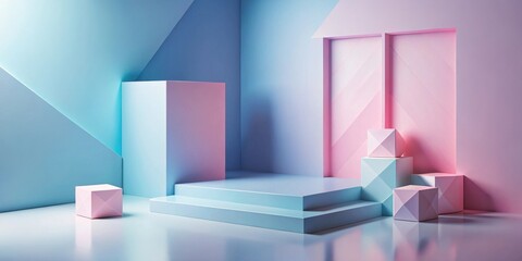 Poster - Pastel-colored geometric shapes on a minimalist stage with a two-tiered platform and a pink wall featuring a chevron pattern