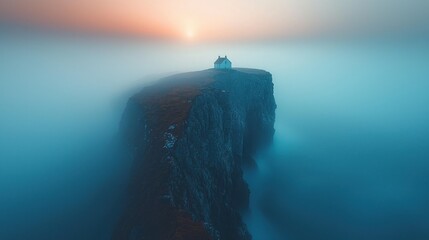 Wall Mural - House on cliff with fog at sunset.