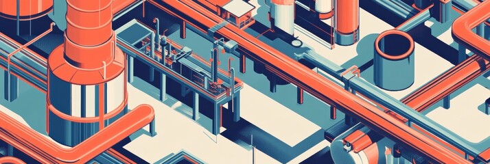Poster - Geometric industrial pattern showcasing oil tanks, pipes, and rigs in a complex layout. Generative AI