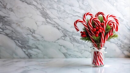 Poster - A festive arrangement of candy canes and evergreen sprigs in a glass vase, displayed against a marble backdrop.