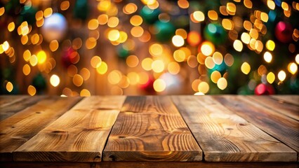 Poster - Rustic Wooden Tabletop Against a Festive Blurred Lights Background Ideal for Holiday Displays