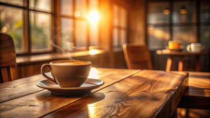 Poster - Warm Morning Coffee on Rustic Wooden Table with Sunlight Streaming Through Window