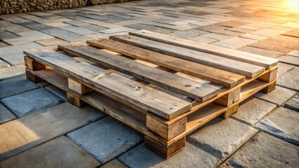 Poster - Rustic Wooden Pallet on a Stone Patio in Warm Sunlight