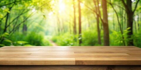 Poster - Wooden Tabletop Against a Blurred Forest Backdrop of Lush Greenery and Sunlight