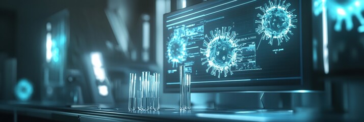 Aufkleber - Modern laboratory showcases test tubes and glowing monitors with virus imagery during a research experiment. Generative AI