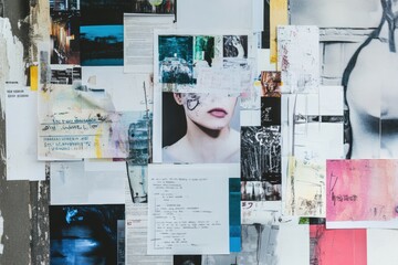Leinwandbilder - Creative collage of visual elements and inspiring quotes displayed on a wall at an artistic venue. Generative AI