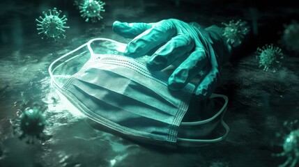 Aufkleber - Gloves and mask resting on a surface surrounded by fading viruses in a dark environment. Generative AI