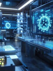 Fototapete - Modern science laboratory showcasing advanced virus research and technology with glowing displays and test tubes. Generative AI