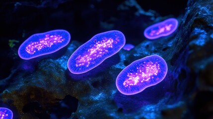 Aufkleber - Glowing bacteria illuminated by UV light in a dark environment creating a vibrant display. Generative AI