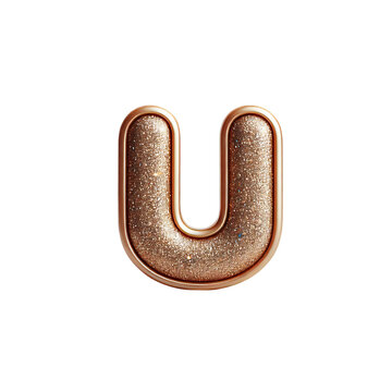 Golden Glitter 3d letter U in glitter texture isolated on white background