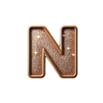 Soft Golden Glitter 3d letter N in glitter texture isolated on white background