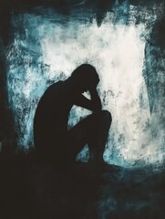 Aufkleber - Person in shadow reflects on mental turmoil amidst abstract swirling patterns during a contemplative moment. Generative AI