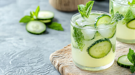 Wall Mural - Refreshing cucumber juice with mint and ice in glass