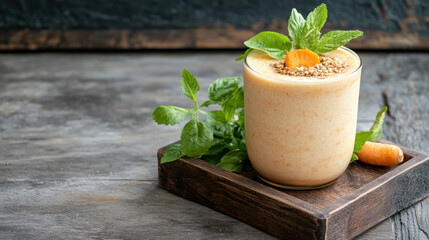 Wall Mural - Creamy carrot smoothie topped with mint and seeds on wooden tray