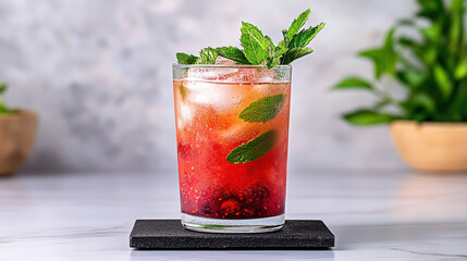 Wall Mural - refreshing glass of mixed berry juice garnished with mint leaves