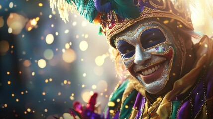 Wall Mural - A smiling man in a glittering carnival mask and headdress with a glowing festive background