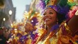 © Rax Qiu - A smiling woman in a vibrant gold and purple carnival costume during a festive street parade