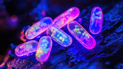 Poster - Glowing bacteria revealed under ultraviolet light in a darkened environment showcasing their vibrant colors. Generative AI