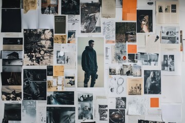 Aufkleber - Collage of photographs, quotes, and text arranged artistically on a wall in a creative workspace. Generative AI