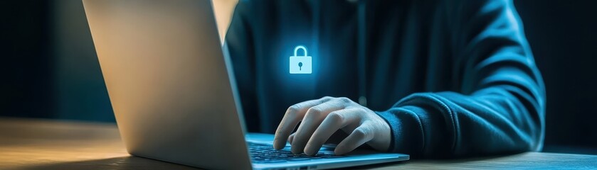 Poster - enhancing laptop security, a person working on locked for data protection and cybersecurity