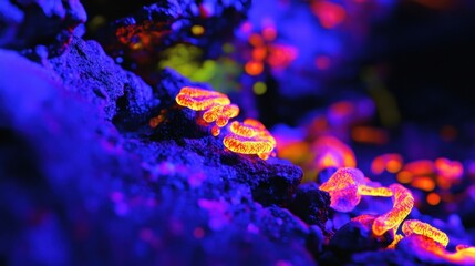 Aufkleber - Glowing bacteria illuminated by UV light create a vibrant display on rocky surfaces in a dark environment. Generative AI