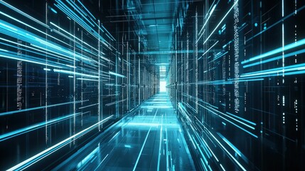 Poster - Abstract digital data stream in a futuristic server room with glowing blue lines and light streaks, creating a dynamic technology background concept. Ideal for tech, innovation, and data themes