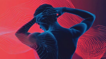 Leinwandbilder - Individual experiences discomfort, grasping head and back amid abstract waves and sharp shapes that suggest pain. Generative AI