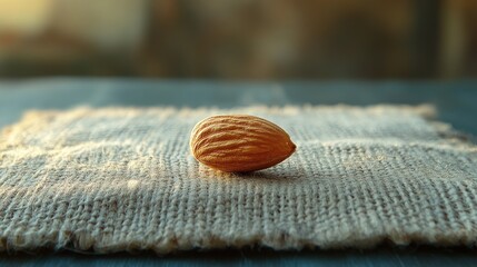 Single almond on burlap, sunset background, food photography, healthy snack