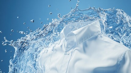Poster - Water splashing dramatically over a crisp white shirt with a clean blue gradient background for high-fashion visuals