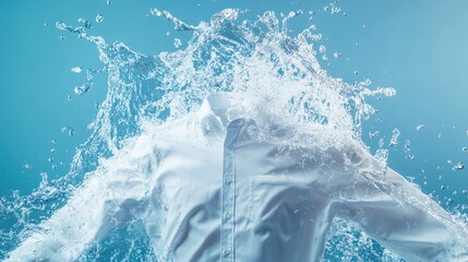 Poster - Water splashing dramatically over a crisp white shirt with a clean blue gradient background for high-fashion visuals